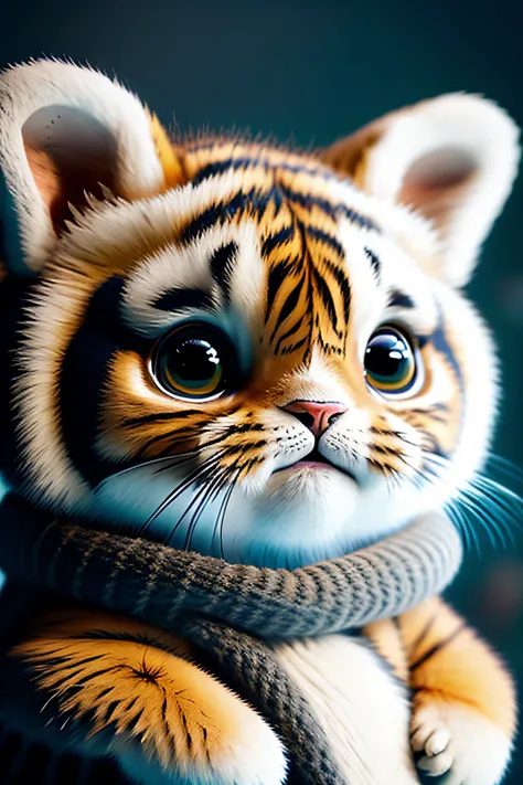 Tiger, Chubby, no_humans, Depth of Field, Disney Style, DARK_Glam, Dressed DRK_Glam, Deep Shadow, (Dark: 1.4), (8k, RAW Photo, Best Quality, Masterpiece: 1.2), Happy Expression