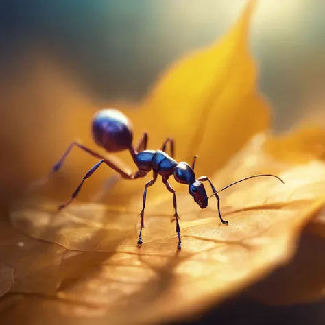 An ant stands on a golden leaf floating in the air