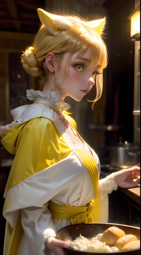 Best quality, Masterpiece, 8k, ...........RAW, oreilles de chat, cheveux longs blonds, mignon robe jaune, Ghostly Light, strange atmosphere, (Very bright yellow eyes:1.2) fais la cuisine en regardant son plat , in a castle