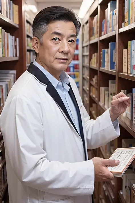 Chinese image，Real frontal photos，Authentic background，Pharmacy background，holding books，Manteau blanc，Face full of wrinkles，TCM image，Wise eyes，male people