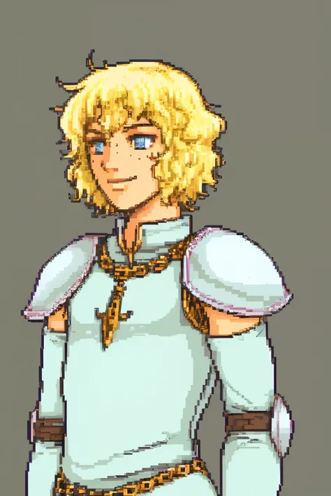 solo focus, Vanilla Fire Emblem, Desaturated Sprite, Half Body, no frames, young man, slim body, light armor, blonde hair, freckles, lots of freckles, freckles all over, pretty, pretty boy, Sky Knight, pegasus knight, beautiful, young man, twink, tribal ch...