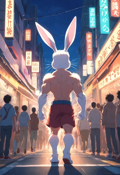 ((RAW photogr)), ((tmasterpiece)), Anthropomorphic humanoid white rabbit wearing (((Street attire))), Walk wildly through the crowd, intricately details, Intricate work by Gribors, Behind the city, fit-muscled body, (((Large muscles))), Muscular arms, (Sma...