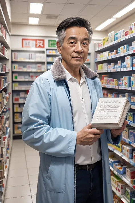 Chinese image，Real frontal photos，Authentic background，Pharmacy background，holding books，Manteau blanc，Face full of wrinkles，TCM image，Wise eyes，male people