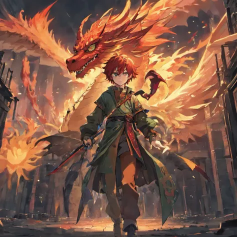 White boy, Long red hair, Green eyes, Dragon tattoo on the right arm, Dragon Wings, Scale polygons, Hold the sword in your right hand, destroyed city, Collapsed building, Dark environment