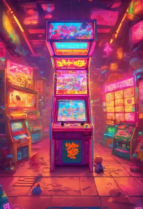 ((tmasterpiece))，((best qualtiy))，((The is very detailed：1.3))， A boy and a girl in the 90s popular arcade arcade, Play Street Fighter fighting games with passion, Room with arcade and neon lights , neonlight，They stand in front of an arcade machine with a...