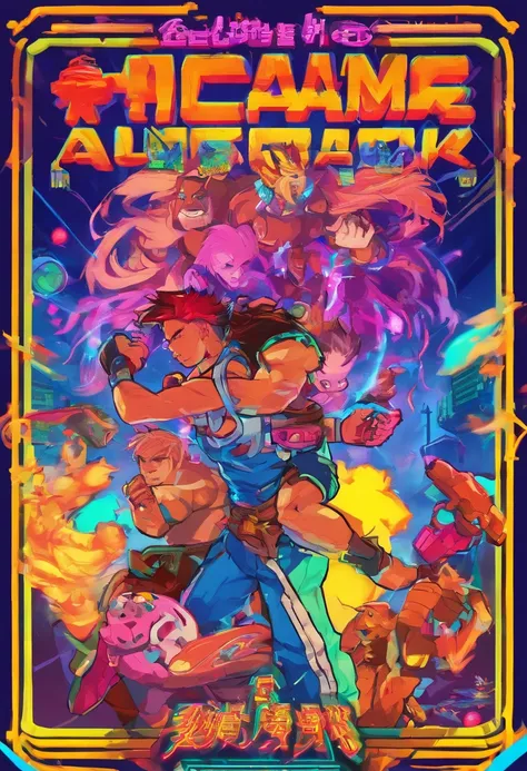 ((tmasterpiece))，((best qualtiy))，((The is very detailed：1.3))， A boy and a girl in the 90s popular arcade arcade, Play Street Fighter fighting games with passion, Room with arcade and neon lights , neonlight，They stand in front of an arcade machine with a...