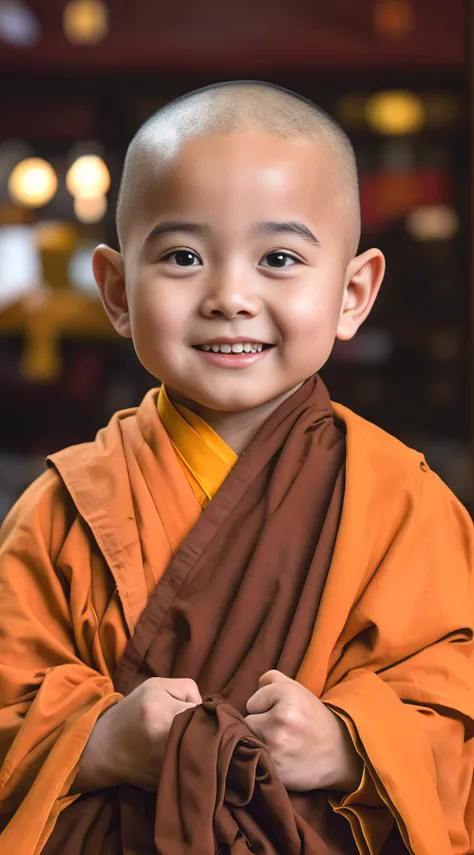 A young monk dressed in a monks robe，had his hands folded，sit with legs crossed，Smile at the camera