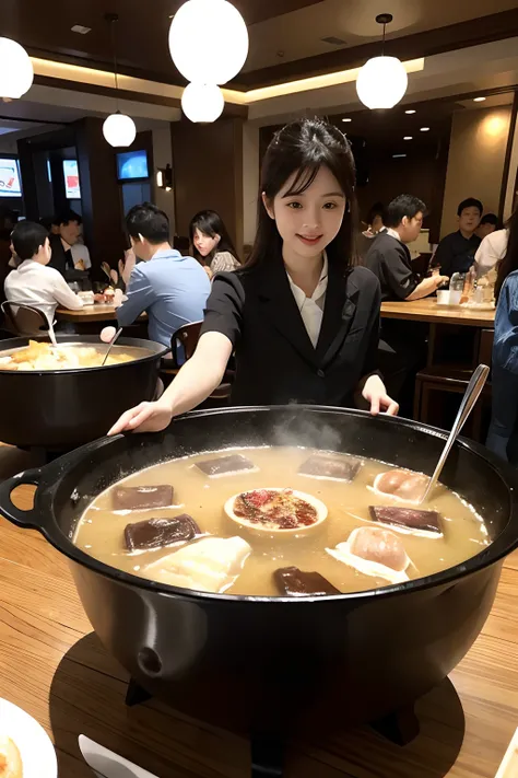 Hot pot restaurant，gatherings，Young white-collar workers，wide angles，Convivial atmosphere，standing on your feet，5-6 people，photorealestic