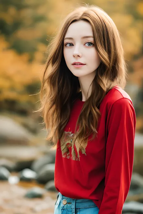 ,best quality ,very skinny , long hair ,   girl Caucasian max caulfield   ,large eyes  ,  ,
 blurry,  , brown hair   , happy ,  , soft skin, , expressive eyes ,
 , , long sleeve red  t-shirt,  jens pants , 
de , at the mountain