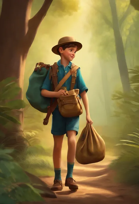 a scout boy is picking up a bag