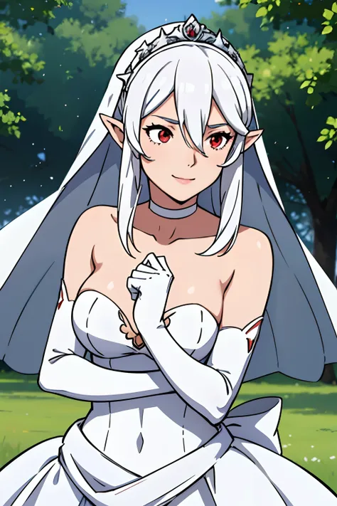 defCorrin, hair between eyes, ahoge, red eyes, pointy ears, white hair, star (symbol), hair ornament, dress, cleavage, bare shoulders, collarbone, long white elbow gloves, white gloves, white dress, white choker, strapless, tiara, veil, strapless dress, we...