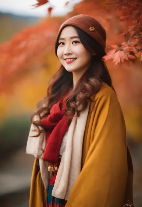 japanes　in her 20s　femele　Longhaire　Autumn clothes　a smile　up