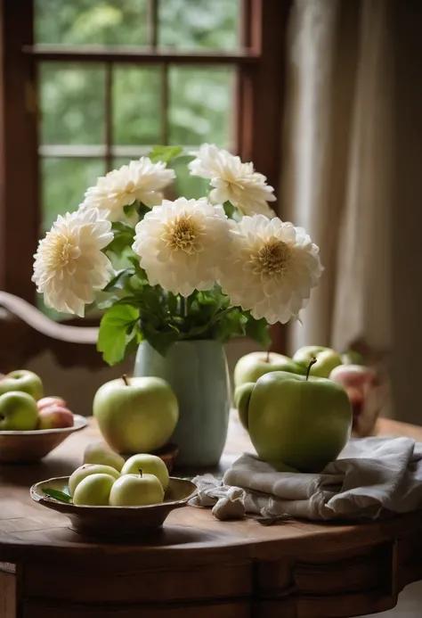 On the table was a pale green vase，The vase is filled with vivid white dahlias，There was also a ceramic dish with apples on the table，There are also several empty bowls stacked on top of each other，Old wooden table，Wooden chairs，janelas，Soft light on a clo...