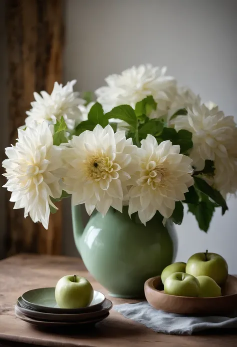 On the table was a pale green vase，The vase is filled with vivid white dahlias，There was also a ceramic dish with apples on the table，There are also several empty bowls stacked on top of each other，Old wooden table，Wooden chairs，janelas，Soft light on a clo...