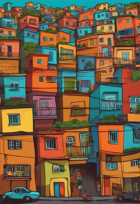 Crie uma favela estilo Rio de Janeiro mostrando ela de lado, animada, colorida, full h, estilo cartoon