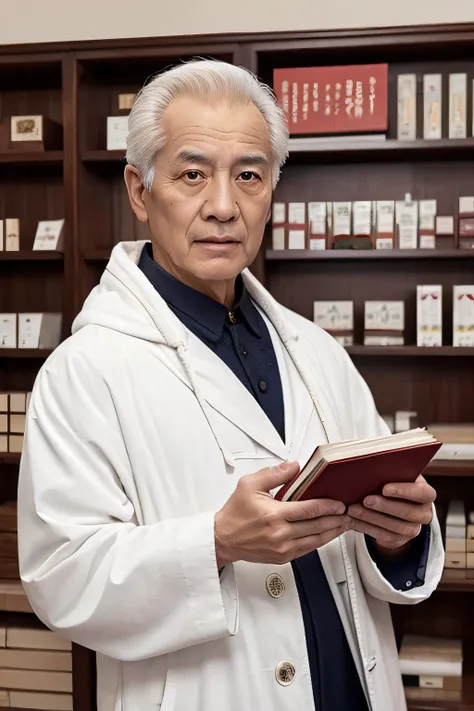 Chinese image，Real frontal photos，Authentic background，Pharmacy background，holding books，Manteau blanc，Face full of wrinkles，TCM image，Wise eyes，male people