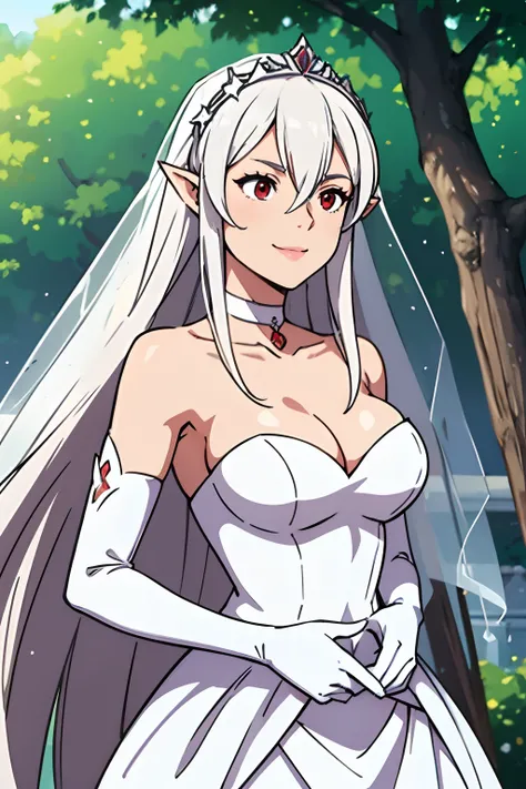 defCorrin, hair between eyes, ahoge, red eyes, pointy ears, white hair, star (symbol), hair ornament, dress, cleavage, bare shoulders, collarbone, long white elbow gloves, white gloves, white dress, white choker, strapless, tiara, veil, strapless dress, we...