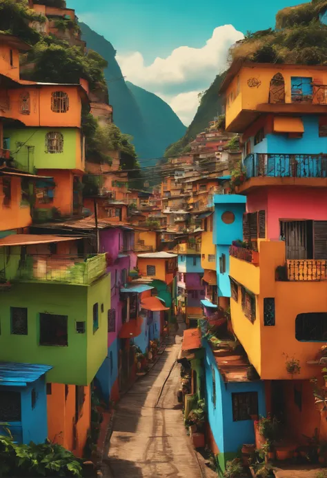 Crie uma favela estilo Rio de Janeiro mostrando ela de lado, animada, colorida, full h, estilo cartoon