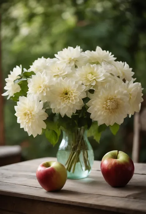 On the table was a pale green vase，The vase is filled with vivid white dahlias，There were several red apples on the table，There are also several empty bowls stacked on top of each other，Old wooden table，Wooden chairs，janelas，Soft light on a cloudy day，Quie...