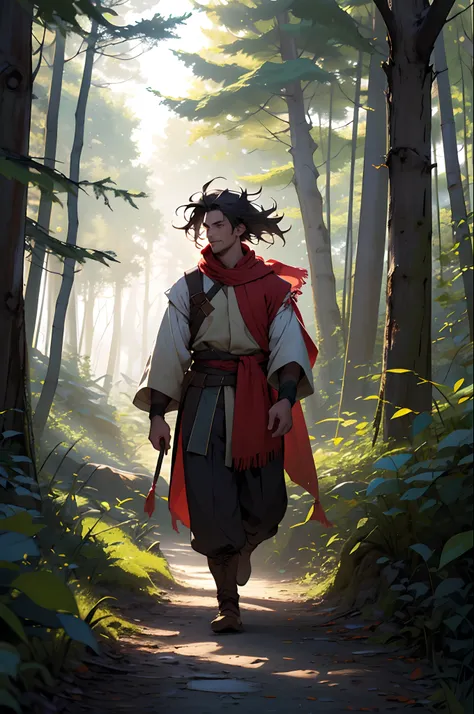 A man walking through the forest wearing light and rustic medieval costumes, coberto por uma capa vermelha. His hair is wild and he walks happily