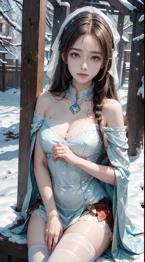 （8K， RAW photos， best qualtiy， tmasterpiece：1.2），（realisticlying， photograph realistic：1.4)，Hide your face with sadness，
Lolita costume，Lace， Aerith Gainsborough， The upper part of the body， undergarments，exposed bare shoulders， do lado de fora， (outside，C...