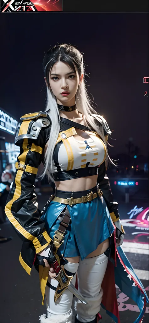 a close up of a person in a costume with a sword, as a character in tekken, female character, tifa lockhart with white hair, katana zero video game character, lunar themed attire, kda, slim body, cyborg - girl with silver hair, upper body avatar, fashion g...