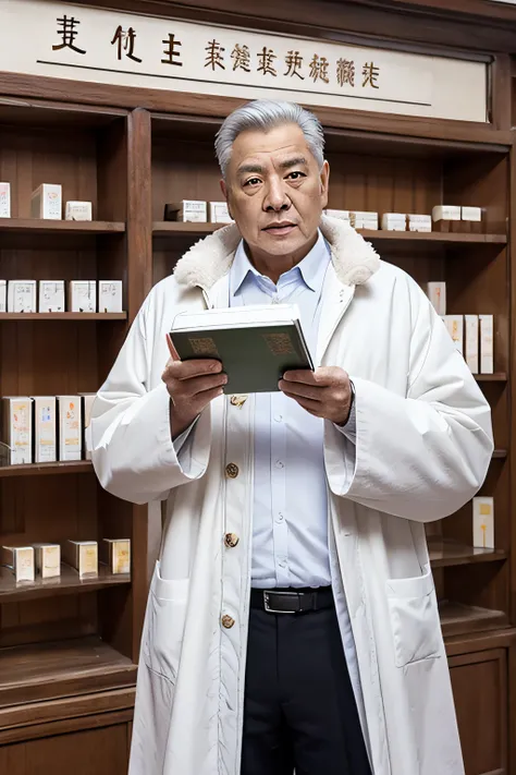 Chinese image，Real frontal photos，Authentic background，Pharmacy background，holding books，Manteau blanc，Face full of wrinkles，TCM image，Wise eyes，male people