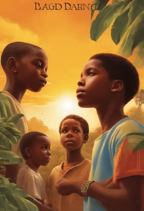 a CD cover containing images of young black people reflecting on a day when their difficult reality was good, black boys looking at a horizon of vegetation, sun, helicopter, people talking, religious people of African origin, realistic