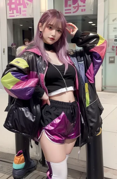 infp young woman、good style、colorful hair、colorful fashion、idol face、large full breasts、jaket、shiny shorts、colorful tights、long ...