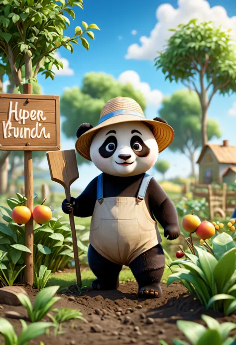 Very realistic 3D rendering scene drawing. The subject is a small panda, wearing a sun hat and farm clothes, With a hoe in hand, working the land,foreground plants, wooden signs, fruit trees, transparent grass, and a blue sky in the background,pixar,IP, bl...