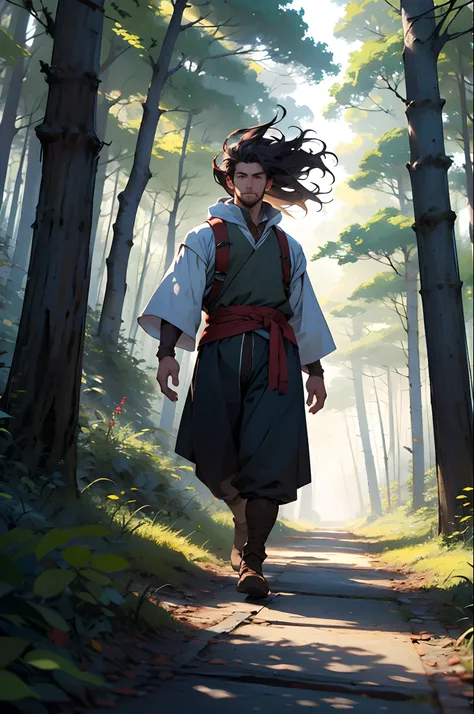 A man walking through the forest wearing light and rustic medieval costumes, coberto por uma capa vermelha. His hair is wild and he walks happily