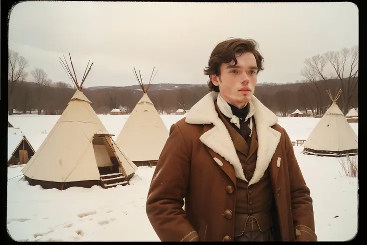 year: 1841. Location: Illinois. Pre-Raphaelite scene with a 23-year-old ((Richard Madden)), doctor, sauk native americanvillage, teepees, winter, snow, ((((Clothing from the 1830s)))) ((Hairstyle of the 1830s)), ((("OMITB" cinematography)))