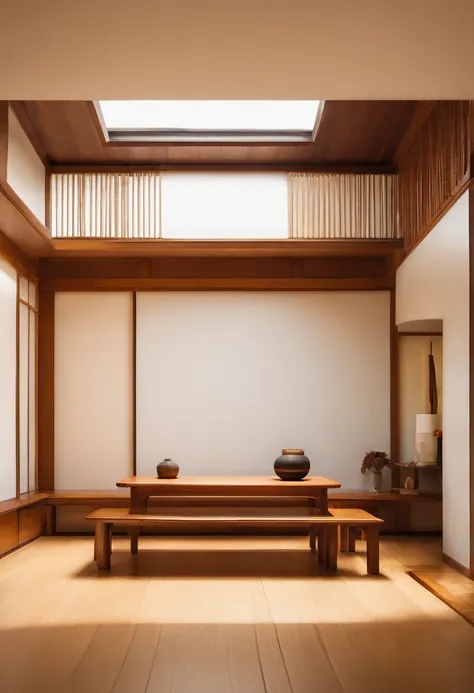 Corner of the living room, a wooden table, Japanese style, minimalist design, white background, overall warm colors,verisimilence,color layers,high quality,hyperfine detail,shot by hasselblasselle,green and yellow, Japanese minimalist style,first-person vi...