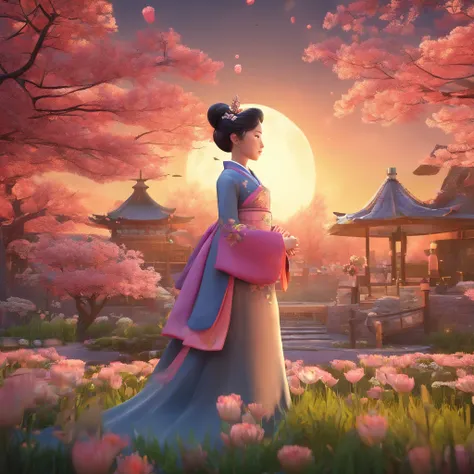 best quality, high_resolution, distinct_image, detailed background ,girl, hanbok,flower,garden,moon, night,dutch angle, wide shot, crown,