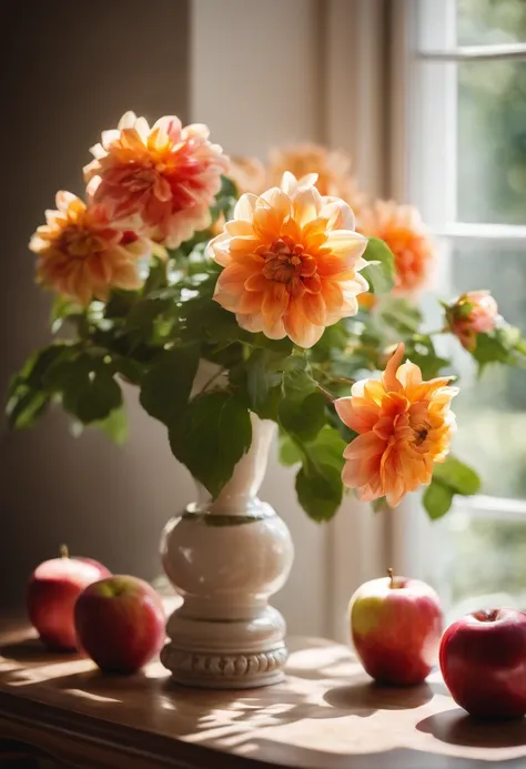 On the table was a vase，There are apples inside, Realistic paintings by Alison Geisler, shutterstock contest winner, Photorealism, Still life photography, dahlia flower, still life with white vase, Magnificent composition, Still Life Photo Gallery, Still l...