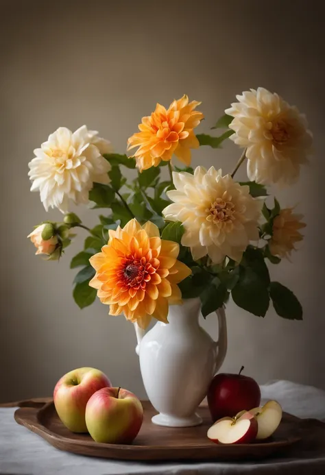 On the table was a vase，There are apples inside, Realistic paintings by Alison Geisler, shutterstock contest winner, Photorealism, Still life photography, dahlia flower, still life with white vase, Magnificent composition, Still Life Photo Gallery, Still l...