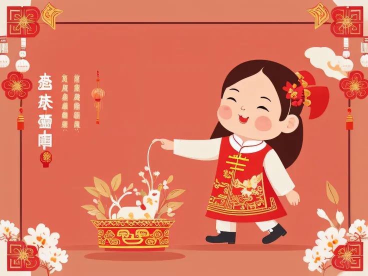 chinese new year wallpaper for instagram, in the style of charming character illustrations, light red and beige, lit kid, referential painting, cranberrycore, raw character, white background