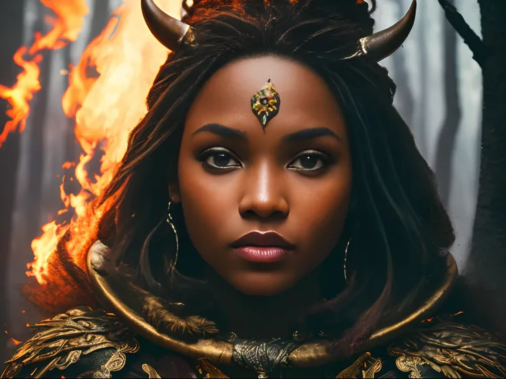 Award-winning photo close-up of a black girl Viking woman posing in a burning dark forest, look at a camera, (cinematic: 1.5), epic realistic, hyper-detailed, crazy details, intricate details, accent lighting, soft volumetric light, bokeh, (dramatic light:...