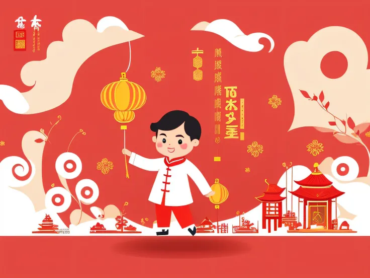 chinese new year wallpaper for instagram, in the style of charming character illustrations, light red and beige, lit kid, referential painting, cranberrycore, raw character, white background