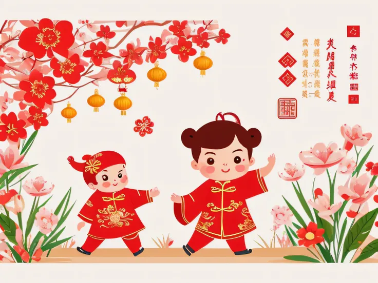 chinese new year wallpaper for instagram, in the style of charming character illustrations, light red and beige, lit kid, referential painting, cranberrycore, raw character, white background