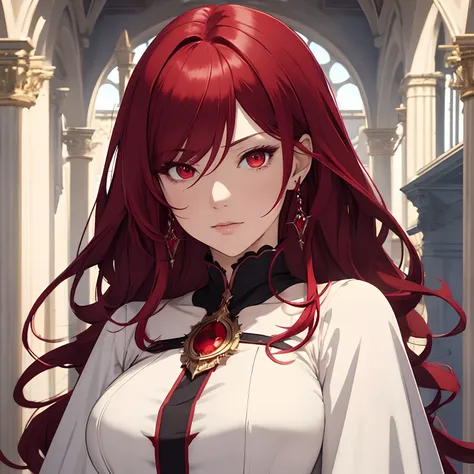 masterpiece, best quality, 1woman adult, older milf, female focus, solo, red hair, vibrant red eyes, long hair, hair between eyes, looking at viewer, cape, closed mouth, upper body, bangs, high collar,(kbxll:0.6), Fantasy aesthetics, fantasy earring, Highl...