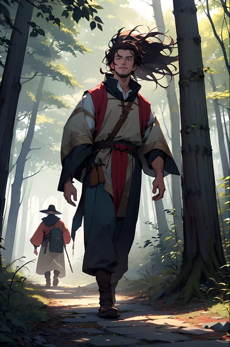 A man walking through the forest wearing light and rustic medieval costumes, coberto por uma capa vermelha. His hair is wild and he walks happily