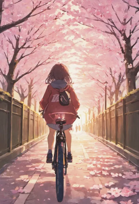 A sunset bike ride along a cherry blossom-lined path