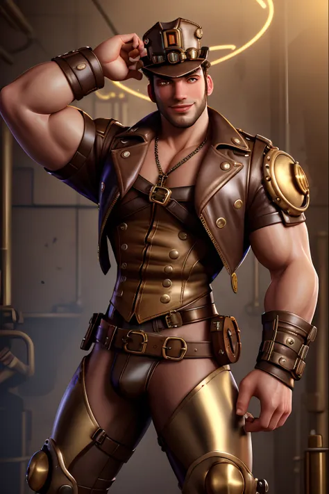 Best quality, dynamic pose, extreme detailing, volumetric lights, luscious metallic textures, muscular, wearing a steampunk jockstrap, handsome face, steampunk helmet, steampunk clothing, 3d, cartoon