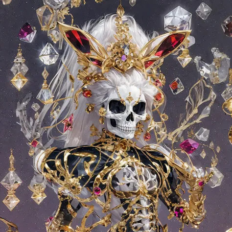 National style crystal skeleton circle，Flying nine-tailed fat skull flame ethereal toad star，Golden-black damask white rabbit fur bra，Fuchsia pink diamonds, Tulle burgundy diamond shin guard，Red crystal skeleton explosion 1:900 miniatures，Front view，Pure t...