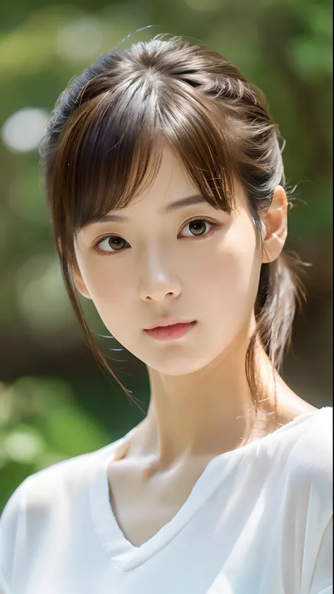 (masutepiece:1.3)Beautiful Japan Beauty,Beautiful face,(Face like the real thing),Beautiful delicate eyes,Realistic eyes,Beautiful skin,Realistic skin texture(realskin)Beautiful skin,profetional lighting,Top ponytail,white t-shirts,middlebreast,hight resol...