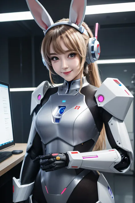 The Man Remade into a Bunny Girl Robot。Beautiful looking female bunny girl robot　Stand in a laboratory-like place、Next to him was a middle-aged man in a suit.、Turning him into a robot and smiling