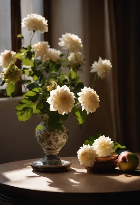 f/2.8, 35mm, UHD, best quality， On the table was a vase，The vase is filled with white dahlias，There are apples on the table, Still life photography, Still Life Photo Gallery, Still life with flowers, dslr photo of a vase on a table, summer morning light, l...