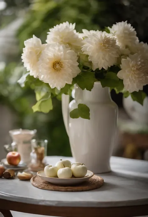 f/2.8, 35mm, UHD, best quality， On the table was a vase，The vase is filled with white dahlias，There are apples on the table, Still life photography, Still Life Photo Gallery, Still life with flowers, dslr photo of a vase on a table, summer morning light, l...