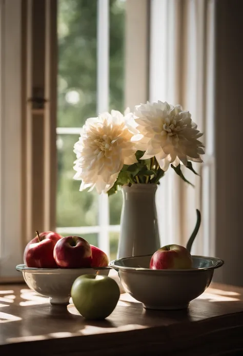 f/2.8, 35mm, UHD, best quality， On the table was a vase，The vase is filled with white dahlias，There are apples on the table, Still life photography, Still Life Photo Gallery, Still life with flowers, dslr photo of a vase on a table, summer morning light, l...